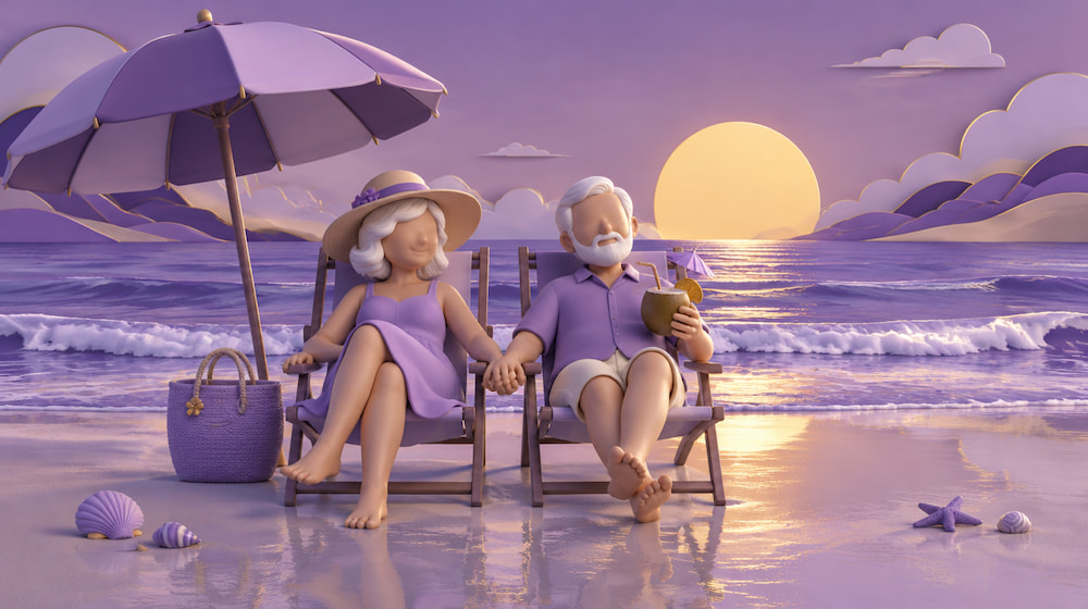 Ilustração de um casal de idosos de mãos dadas, descansando em cadeiras de praia ao pôr do sol, em tons de lilás.